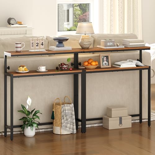 HOOBRO Narrow Console Table with Adjustable Height (31.5"-37.4"), High Entryway Table, Skinny Behind Couch Table with 2 Tier Shelf, Sofa Table for Hallway, Livingroom, Rustic Brown and Black BF96XG01 HOOBRO
