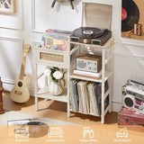 LELELINKY Record Player Stand, White Cream Oak Wood Record Holder with Vinyl Storage Holds up to 300+ Albums, 3-Tier Rattan Media Table with Vinyl Display Shelf, Record Storage Cabinet for Living Room LELELINKY