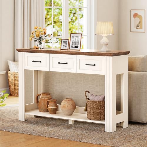 ANGRYWIN 47" Farmhouse Console Table with 3 Drawers, Rustic Entryway Table with Open Shelf, Sofa Tables Behind Couch for Entrance, Living Room, Hallway, White ANGRYWIN