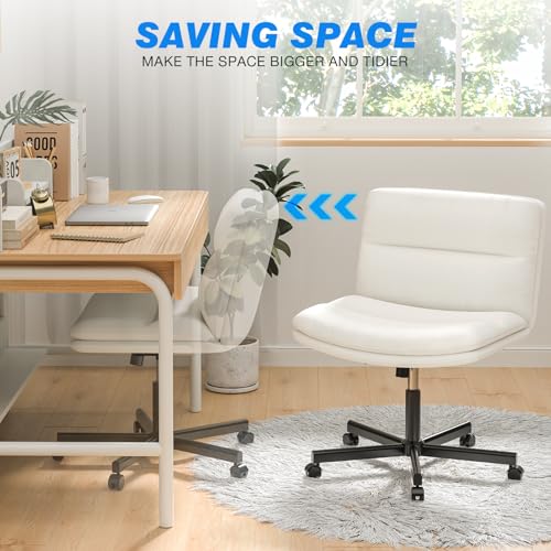Rfiver Ergonomic Armless Criss Cross Chair with Height Adjustable and Swivel, Wide & Thickened Cushion Cross Legged Vanity Chair, Comfortable PU Leather Desk Chair for Computer Task and Make Up, White Rfiver