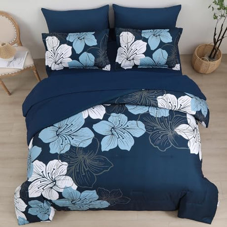 Luxudecor Navy Blue Comforter Set Queen Size, 7 Pieces Bed in a Bag Navy Blue Floral Comforter and Sheet Set, Soft Microfiber Complete Bedding Sets for All Seasons Luxudecor
