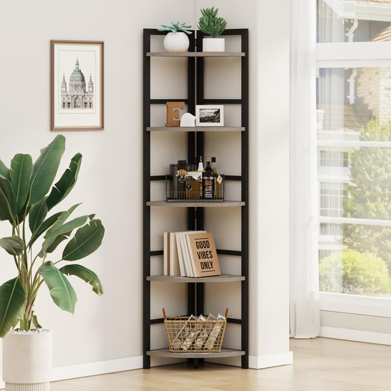 BON AUGURE Industrial Chic 5-Tier Dark Grey Oak Corner Bookshelf - WoodArtSupply