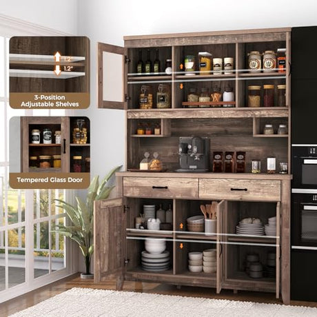 SILKYDRY 78.5" Tall Kitchen Hutch Storage Cabinet, Large Buffet Cupboard with Glass Doors, Drawers, Adjustable Shelves, Wooden Kitchen Pantry Cabinet with Microwave Shelf for Home Coffee Bar SILKYDRY