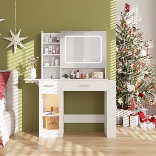 Vabches Vanity Desk with Mirror and Lights, Makeup Vanity with Charging Station, Vanity Table with Drawers, Shelves and Large Storage Cabinet for Home and Bedroom Vabches