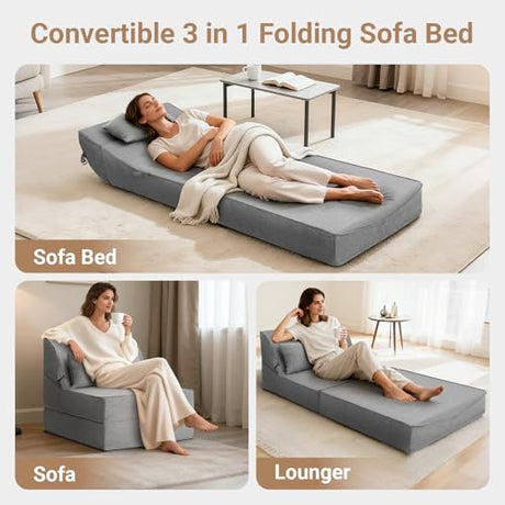 BeBen Folding Sofa Bed Chair, Convertible Sleeper Chair Futon Couch, Foldable Boneless Floor Lounger Sofa, Single Foam Chair Bed for Small Spaces, Dorm, Guest Room, Living Room, Apartment, Grey BeBen