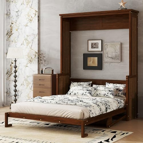 Ball & Cast Queen Size Murphy Bed W/Desk,Horizontal Hidden Wall Bed W/Gas Struts,Space-Saving Murphy Bed Cabinet for Home Office,Apartment,Guest Room,Walnut Ball & Cast