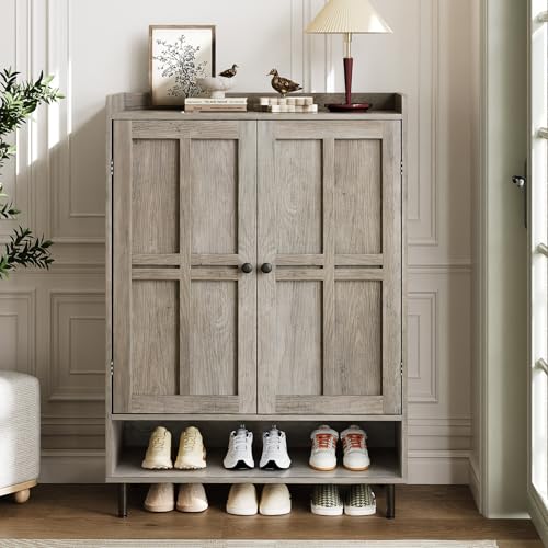 ComfyCorner Grey 7+1 Tier Farmhouse Shoe Storage Cabinet - 45" Tall Entryway Organizer with Cross Molding Doors, 3 Adjustable Shelves & Metal Legs, Shoe Rack for Front Door Entrance ComfyCorner