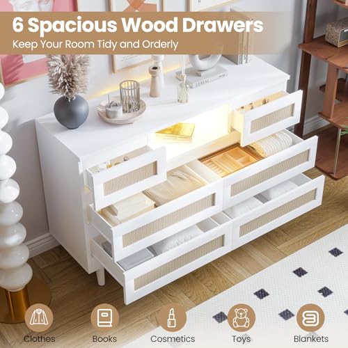 GarveeHome Natural Rattan Dresser for Bedroom with LED Light and Charging Station, 6 Drawer Double Dressers, Modern Wooden Dresser Chest, Beside Table for Closet, Nursery, Living Room, White GarveeHome