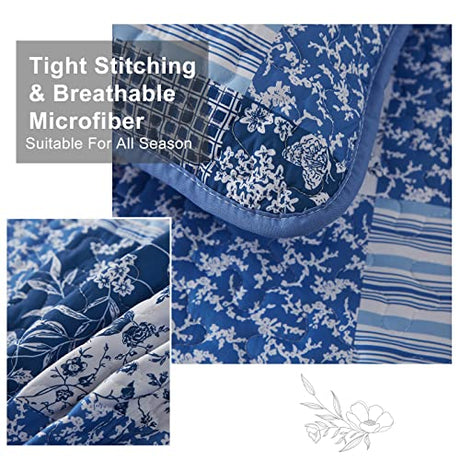 Mybedsoul Blue Boho Quilt Set Queen Size,3 Pieces Plaid Floral Bedspread Coverlet Set for All Season,Patchwork Reversible Bedding Set Queen 90"x96" Mybedsoul