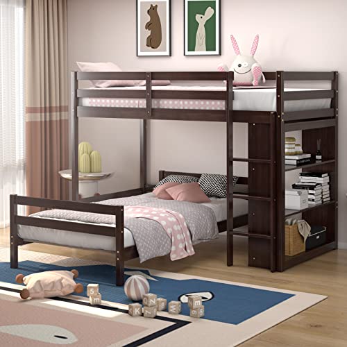 Giantex Twin Over Twin Bunk Bed, Wood L-Shaped Bunk Beds with Storage Bookshelf, Bunk Bed Frame with Guardrails and Ladder for Kids Boys Girls Teens Adults, Can be Convertible into 2 Beds, Espresso Giantex
