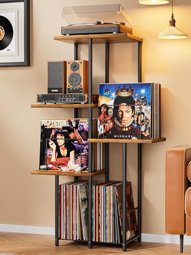 Record Player Stand, Vinyl Record Storage Holder with Display Shelf, Turntable Stand Table with Vinyl Organizer Dividers Album Rack, Vintage Style Record Cabinet Wood, Mid Century Modern Tall Console Bikoney