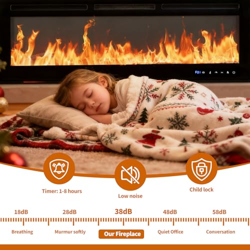 50" Smart Electric Fireplace Wall Mount, 1500w Heater with Remote Control & Timer, 12 Color LED Flame Effect, Touch Screen, for Living Room Bedroom Indoor Use PeacefulHues