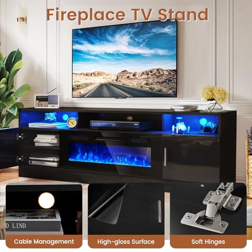 Breezestival 70" Fireplace TV Stand with Two Hinged Doors for TVs UP to 80", Electric Fireplace Entertainment Center with LED Lights & Storage Cabinets, TV Console for Living Room, Black Breezestival