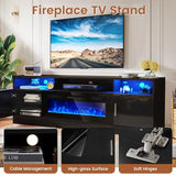 Breezestival 70" Fireplace TV Stand with Two Hinged Doors for TVs UP to 80", Electric Fireplace Entertainment Center with LED Lights & Storage Cabinets, TV Console for Living Room, Black Breezestival