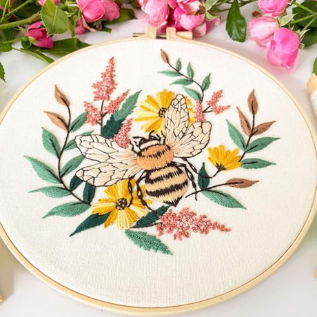 Myfelicity Embroidery kit for Adults, 3-Piece Bee and Butterfly Floral Designs, Including Tools Handmade Embroidery Hoop Art Set (Yellow) Myfelicity