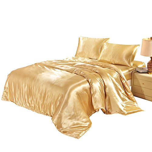 DREFEEL Golden Duvet Cover Set Twin/Single Size Satin Silk Like Bedding with Hidden Zipper Ties, Soft Smooth Durable Stain Resistant Quilt/Comforter Cover Set (1 Duvet Cover, 1 Pillowcases) DREFEEL