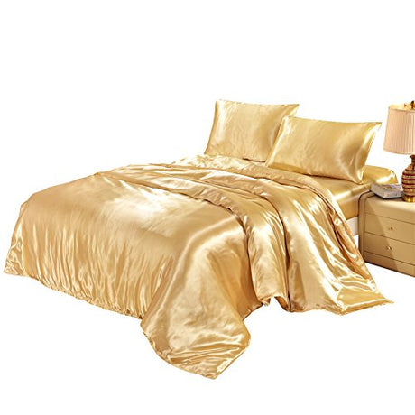 DREFEEL Golden Duvet Cover Set Twin/Single Size Satin Silk Like Bedding with Hidden Zipper Ties, Soft Smooth Durable Stain Resistant Quilt/Comforter Cover Set (1 Duvet Cover, 1 Pillowcases) DREFEEL
