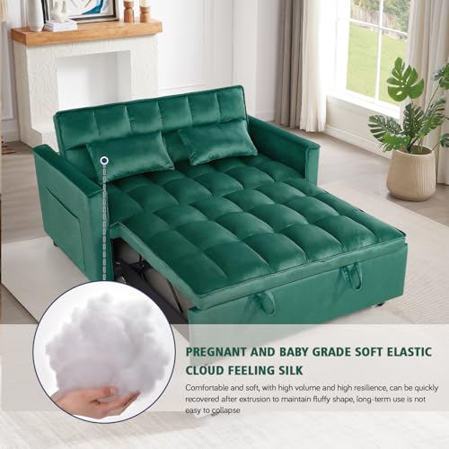 3 in 1 Convertible Sleeper Sofa Futon Bed,Modern Velvet Pull Out Couch Bed with Reclining Backrest&2 Pillows,54" Full Size Small Love Seat Lounge Couches for Small Spaces,Living Room (Dark Green) Majnesvon