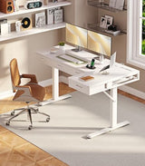 OffiGo 63 Inch L Shaped Electric Standing Desk with Drawers, Height Adjustable Large Desk with Power Outlets, Sit Stand Table, Writing Computer Desk for Home, Office, Workstation,White OffiGo