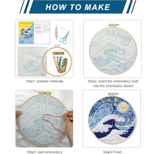 Zhenqing Wave & Starry Sky Embroidery Kit - 29x29cm Printed Fabric, Hoop & Full Tools for Beginners(S-CX0470)