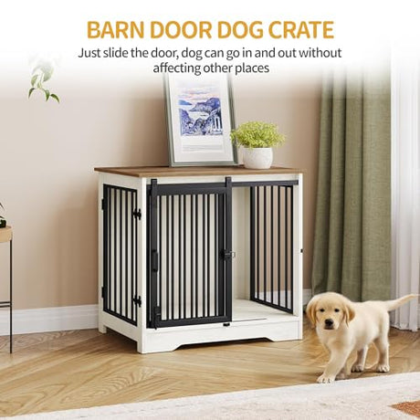 Hzuaneri 27.2" Dog Crate Furniture with Barn Door, Heavy Duty Dog Kennel Indoor with 2 Doors, Wooden Pet Cage End Table for Small Medium Dogs up to 22 lb, Anti-Chew Anti-Escape, White Brown DFC84314B Hzuaneri