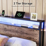Susalt Queen Size Bed Frame with Storage Headboard, Sturdy Metal Platform Bed Frame with LED Lights and Charging Station, Easy Assembly, No Box Spring Needed, Noise Free, Rustic Brown Susalt