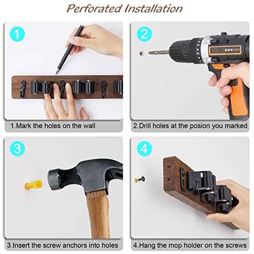 OUTNILI Mop Broom Holder Wall Mount Wood Broom Mop Hanger - Wall Mounted Garden Tool Rack Organizer for Closet Garage Laundry Room Kitchen Decor With 4 Slots & 4 Hooks OUTNILI