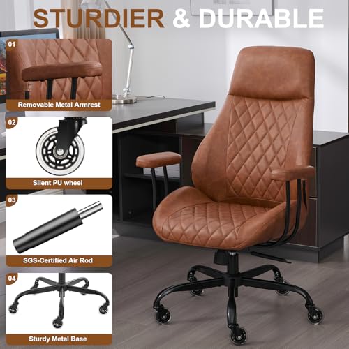 E-Motie Home Office Desk Chair, Ergonomic High Back Leather Computer Chair with Lumbar Support, Adjustable Height & Recline, Swivel Executive Office Chair with Armrests and Rubber Casters, Brown E-Motie