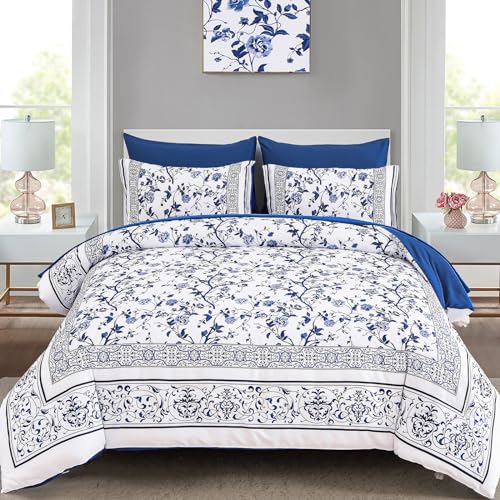 Dobuyly Floral Queen Comforter Set, 7 Piece Bed in a Bag Queen Size Blue Flowers on White Botanical Bedding Set, Soft Microfiber Bedding Comforter Sets with Sheets for All Season Dobuyly
