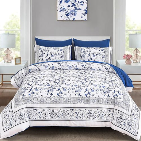 Dobuyly Floral Queen Comforter Set, 7 Piece Bed in a Bag Queen Size Blue Flowers on White Botanical Bedding Set, Soft Microfiber Bedding Comforter Sets with Sheets for All Season Dobuyly