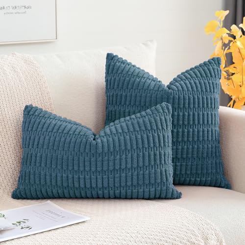 OTOSTAR Corduroy Decorative Throw Pillow Covers 16x24 Inch Super Soft Boho Striped Rectangle Pillow Covers Case Modern Cushion Covers for Sofa Couch Bedroom Car Decor Teal OTOSTAR