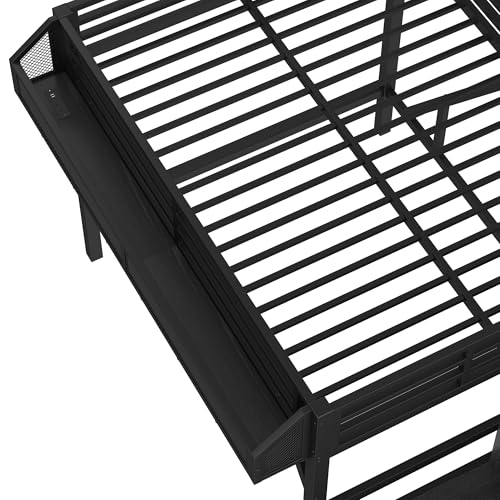 Bellemave Full Loft Beds with Storage Beside Shelves and Wardrobe, Metal Loft Bed with LED Lights and USB Ports, Heavy-Duty Loft Bed Frame for Teens, Adults, Noise-Free & Space-Saving, Black Bellemave