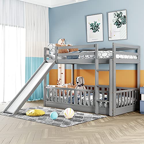Bellemave Twin Over Twin Floor Bunk Bed with Slide and Ladder, Low Bunk Bed for Kids, Girls, Boys, Removable Fence, Gray Bellemave