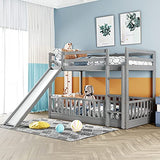 Bellemave Twin Over Twin Floor Bunk Bed with Slide and Ladder, Low Bunk Bed for Kids, Girls, Boys, Removable Fence, Gray Bellemave