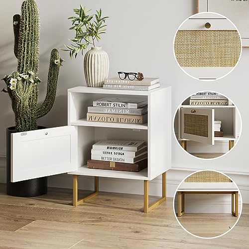 Masupu Rattan Nightstand,Modern Boho Farmhouse Wood Bedside Table with Storage Drawer and Open Shelf,Small Gold Frame Side End Table for Bedroom,Living Room,Office(White) Masupu