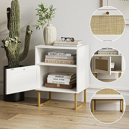 Masupu Rattan Nightstand,Modern Boho Farmhouse Wood Bedside Table with Storage Drawer and Open Shelf,Small Gold Frame Side End Table for Bedroom,Living Room,Office(White) - WoodArtSupply