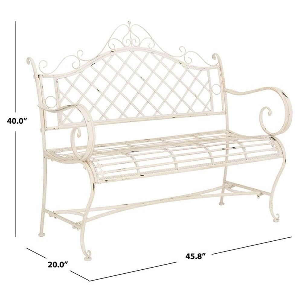 SAFAVIEH PAT5017A Collection Adina Antique White Wrought Iron 51.25" Outdoor Garden Bench SAFAVIEH