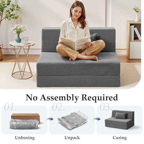 Youzi Folding Sofa Bed Convertible Sleeper Chair with Pillow, 4-in-1 Foldable Mattress Futon Couch Bed to Lounge Chair for Living Room, Bedroom, Dorm & Guest, Washable Cover, Dark Gray, Single Youzi