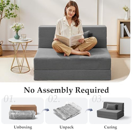 Youzi Folding Sofa Bed Convertible Sleeper Chair with Pillow, 4-in-1 Foldable Mattress Futon Couch Bed to Lounge Chair for Living Room, Bedroom, Dorm & Guest, Washable Cover, Dark Gray, Single Youzi