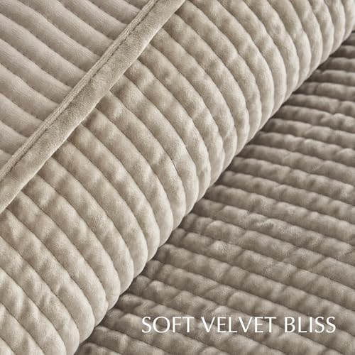 EVERGRACE Velvet Quilt Set King Size, Luxurious Soft Quilted Bedding Sets, Lightweight Velvet Comforter for All Season, Striped Channel Bedspread Coverlet with 2 Shams, Urban Taupe EVERGRACE