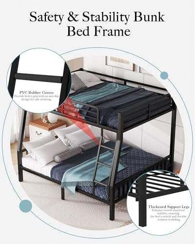 Miscoos Full XL Over Queen Metal Bunk Bed, Heavy Duty Bunk Beds with Ladder and Slats Support, Queen Bunk Beds,Space-Saving Bunk Bed Frame for Adults Teens, Black