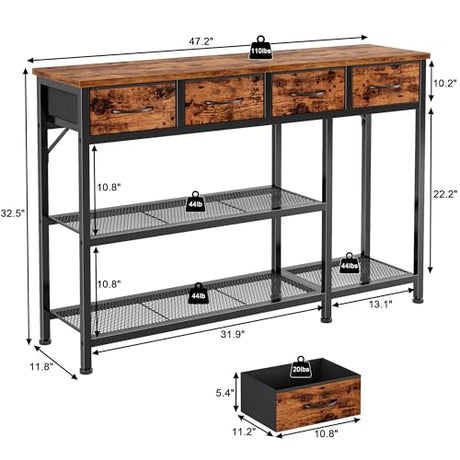Furnulem Entryway Table 47'' Sofa Console Table with 4 Fabric Drawers, Industrial Entry Way Shoe Rack with Metal Mesh Shelf for Front Door, Foyer Wooden Top, Sturdy Metal Frame, Rustic Brown Furnulem