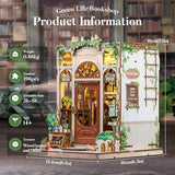 Fsolis Book Nook Kit, 3D Wooden Puzzles for Adults DIY Miniature House Kit Mini Building Kit Booknook Bookstore Bookshelf Diorama Gifts for Women Book Lovers (Green Life's Bookshop)