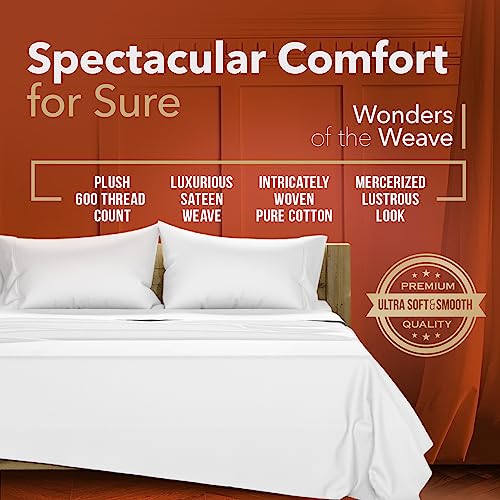 TEXAS LINEN CO. Luxury Egyptian Cotton King Size Sheet Set - 600 Thread Count 4 PC Deep Pocket Fitted and Flat Sheets, Soft, Cooling Extra Long Staple Hotel-Quality Bedding with Sateen Weave - White TEXAS LINEN CO.