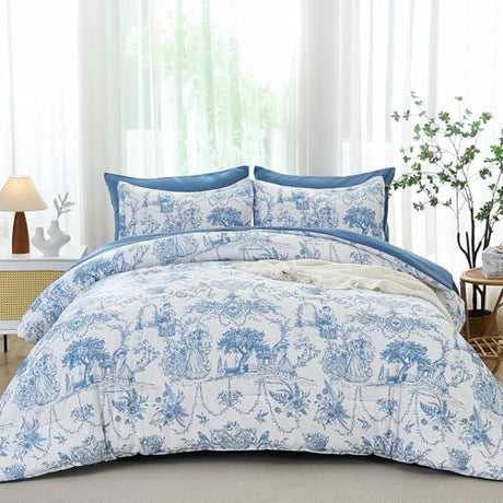 Blue Comforter Set King 7 Piece Bed in a Bag Toile de Jouy Botanical Comforter with Sheet Set Soft Micorfiber Bedding Set (1 Comforter,2 Pillow Shams,1 Flat Sheet,1 Fitted Sheet,2 Pillowcases) Xruibed