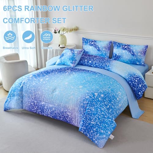 PERFEMET Blue Twin Comforter Set for Girls, 6 Pieces Twin Bed in A Bag, 3D Colorful Kids Bedding Comforter Set with Sheets, Tie Dye Ombre Fluffy Teen Girl Bed Set (Blue, Twin) PERFEMET