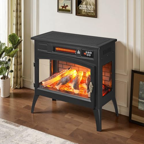 24″ Freestanding Electric Fireplace Stove with 3D Flame Effect and 6 Flame Color, 1000/1500W Infrared Fireplace Stove, 5200 BTU Electric Fireplace Heater with Remote and Timer for Indoor, Black ONBRILL