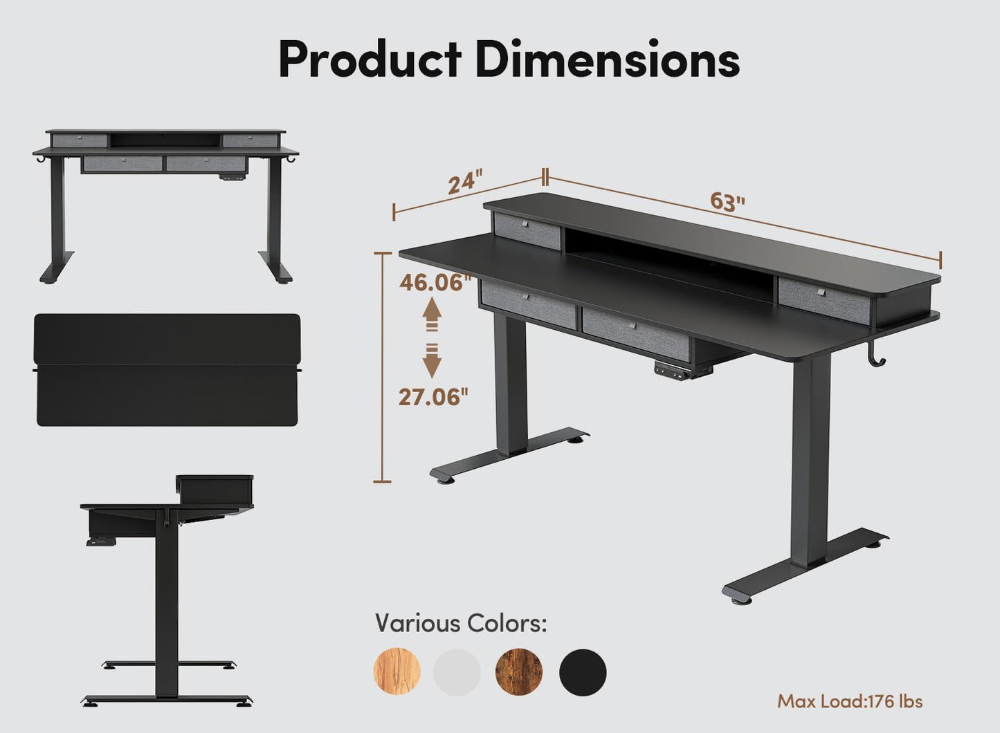 BANTI Height Adjustable Electric Standing Desk with 4 Drawers, 63 x 24 Inch Table with Storage Shelf, Sit Stand Desk, Black Top - WoodArtSupply