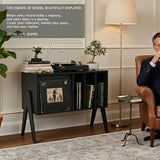 Record Player Stand with Vinyl Storage, 32" Turntable Stand with Flip-Up Album Display, Mid Century Modern Black Vinyl Record Storage Cabinet, Audio Media Console Table with V-Shape Legs FurnPulse