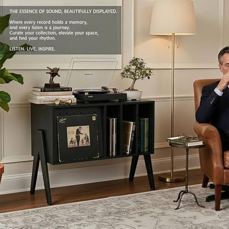 Record Player Stand with Vinyl Storage, 32" Turntable Stand with Flip-Up Album Display, Mid Century Modern Black Vinyl Record Storage Cabinet, Audio Media Console Table with V-Shape Legs FurnPulse